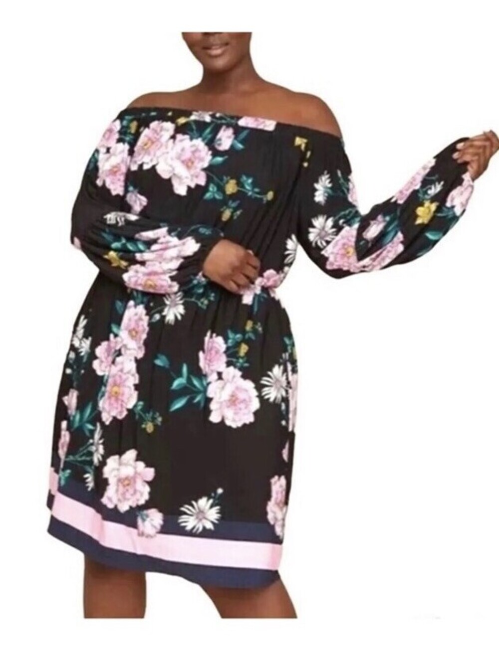 18/20 Women’s Black Floral Dress Long Sleeve Off Shoulder NWT Peony Lane Bryant